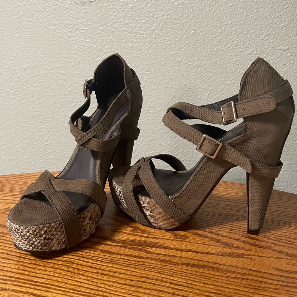 Elizabeth and James Olive Green Snake Print Criss Cross Heels